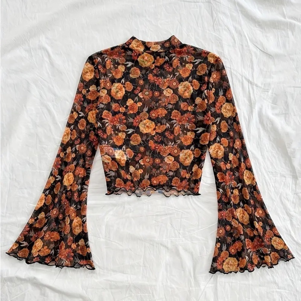 Floral Bell Sleeve Top - Black and Orange - Picture 3 of 3